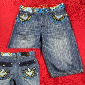 Crown Holder Jean Shorts Mens 38 Y2K Velvet Gold Bling Street Hip Hop Baggy Bttn